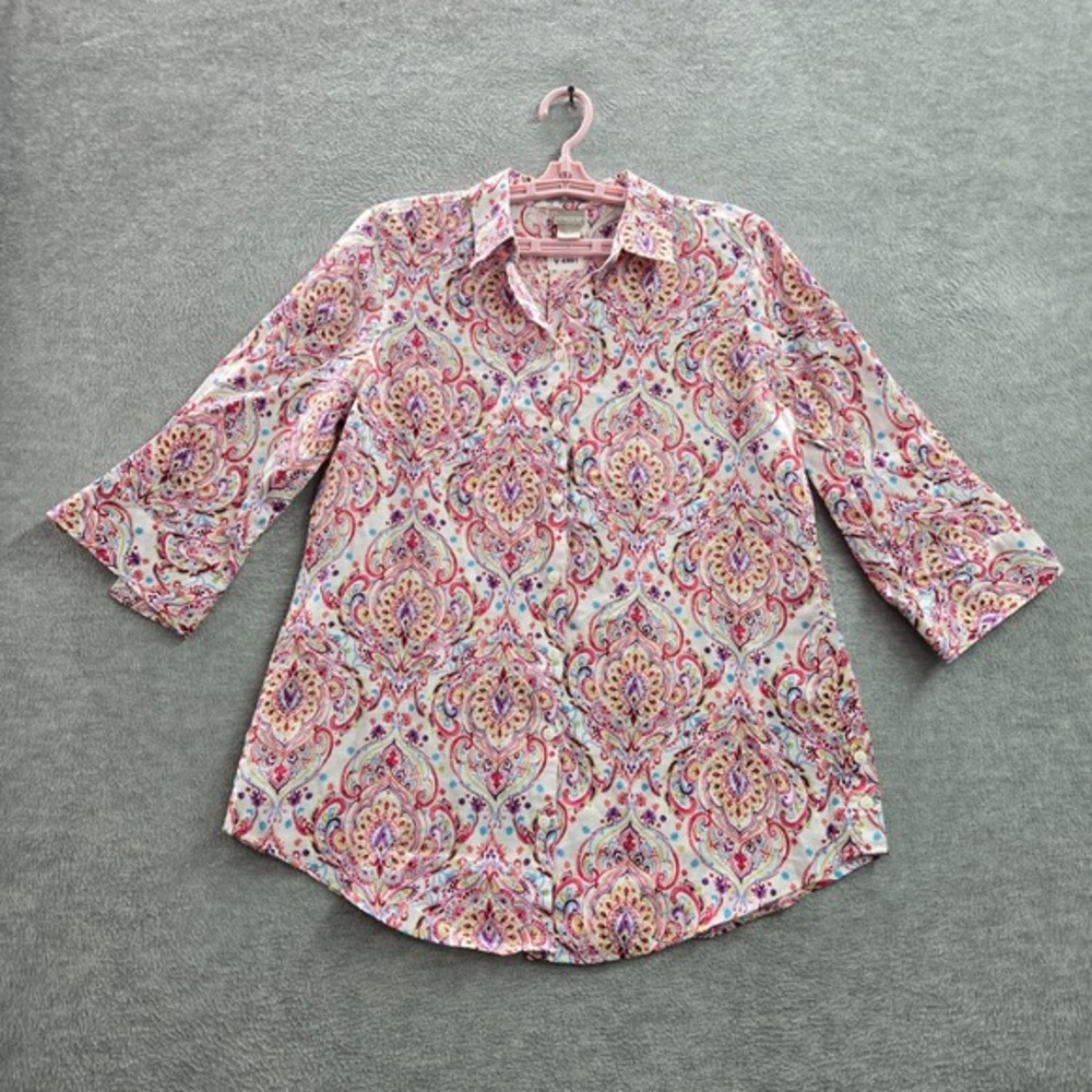 Chico's‎ Women Blouse 0 Multicolor Paisley Linen Collared Button Front